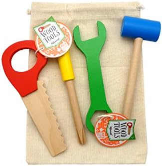 Set of 4 Children's Wooden Tools Saw Hammer Screwdriver Wrench - in Burlap Carry Storage Bag