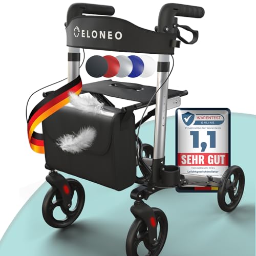 ELONEO Rollator faltbar und leicht mit Sitz, Leichtgewicht-Reiserollator aus Aluminium, Gehhilfe 8-fach höhenverstellbar, Laufhilfe 3-fach faltbar für