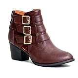 Reneeze BEAUTY-06 Women's Stacked Heel Buckle & Zip Ankle Fashion Booties - BROWN