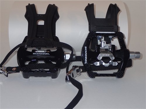 SCHWINN MAGNESIUM SPD CLIP PEDALS w/ CLEATS, TOE CLIPS, AND STRAPS - OUTDOOR OR INDOOR CYCLING - 9/16"