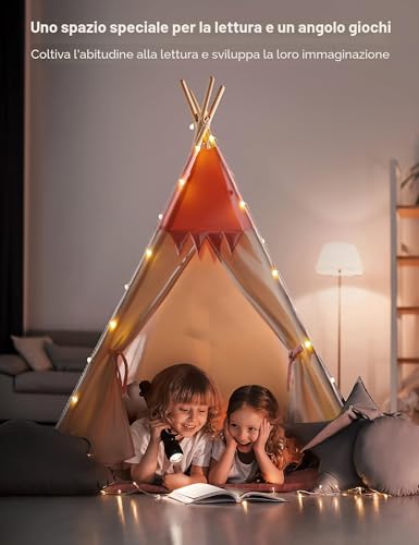 besrey Children's Play Tent Indian Canvas Teepee Cotton with Padded Mat and Fairy Lights (Pink and White)