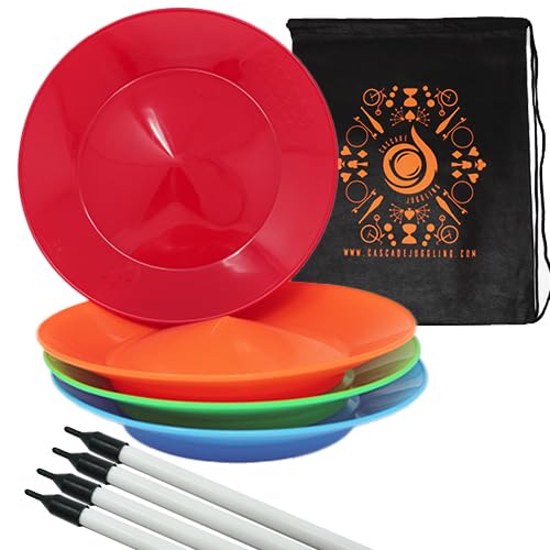 Cascade Juggling Set of 4 Spinning Plates and Sticks - Flexi Kid's Plate Spinning Set - Includes Cascade Carry Bag (Red, Blue, Green and Orange)