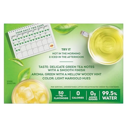 LIPTON DECAFFEINATED GREEN TEA BAGS, UNSWEETENED TEABAGS FOR DECAF HOT TEA OR DECAF ICED TEA WITH FLAVONOIDS, 40 TOTAL TEA BAGS