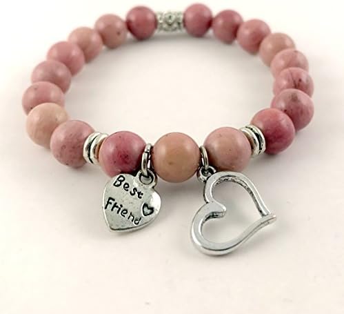 Womens Heart Beaded Bracelet , Pink Beads, Heart Pendant BFF Charm Stretch Braclet