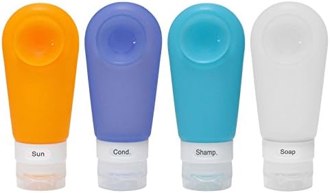Portable Silicone Travel Bottles (4 Pack 3 Oz), Strong Suction Cup Leak Proof, FDA Certificated, with Facial Brush and Toothbrush Case Covers Pack P5