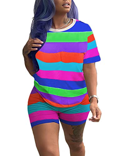 Women's 2 Piece Outfit Rainbow Striped Short Sleeve Jumpsuit Crop Top T-Shirts and Shorts Set Rompers Plus Size Rose XXXL