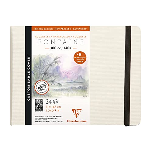 Clairefontaine - Ref 975441C - Fontaine Hot Pressed Sewn Watercolour Book (24 Sheets) - 21 x 14.8cm Size, 300gsm Paper - Suitable for Watercolour Artwork, Black
