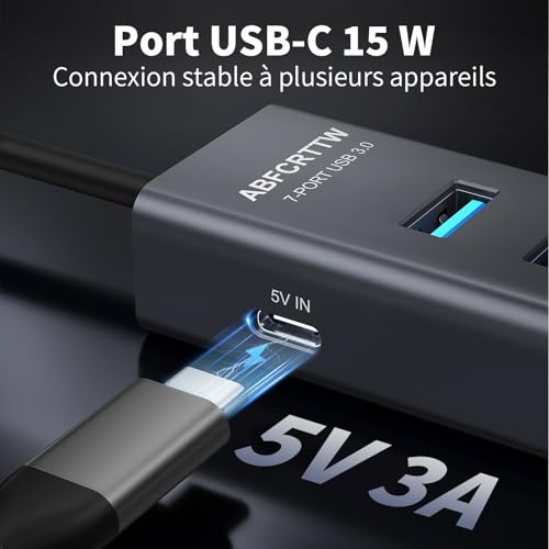 7 Port USB 3.0 Hub – Aluminium USB Hub with 120 cm Cable for Desktop, USB Multiport Adapter with USB 3.0 5Gbps, 5V 3A Type-C for PC, Laptop, MacBook, MacBook, Mouse, Keyboard, U Disk etc.