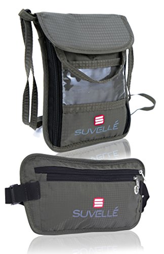 Suvelle 2 Pc Set Travel RFID Kit Waist Money Belt and Neck Stash Passport Wallet