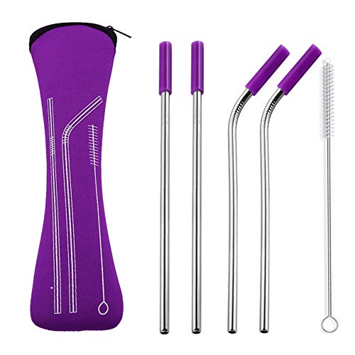 Taiguang Stainless Steel Straws Set of 4 Reusable Drinking Straws with 4 Silicone Tips 1 Cleaning Brushes and Organizer Bag Purple