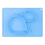 Baby Feeding Mat, BliGli Toddlers Silicone Placemat, Non-Slip Baby Plates for Kids, Dishwasher/Microwave Oven Safe, Fits Most High Chair Trays, Perfect for Dinners Out and Travel (Blue-Small Whale)