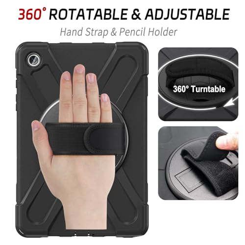 zenrich - Funda Protectora para Samsung Galaxy Tab A9 de 8.7 Pulgadas (SM-X110/SM-X115), Resistente a Golpes de Cuerpo Completo con Soporte Giratorio, Correa de Mano/Hombro para Tab A9, Color Negro