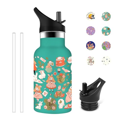 Grsta Borraccia Bambini, 350ml Termica, Personalizzata Senza BPA, con Cannuccia, Facile da Trasportare, Bambina, per Scuole, Campeggi, Uffici, Verde