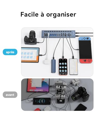 Hub USB 3.2 alimenté, ACASIS USB Hub 10Gbps 16 ports (8 ports USB-A 3.2 + 8 ports USB-C 3.2) en Aluminium, Multi Hub USB avec adaptateur d'alimentation 96 W, Hub USB Alimenté pour PC/Macbook/Clé USB