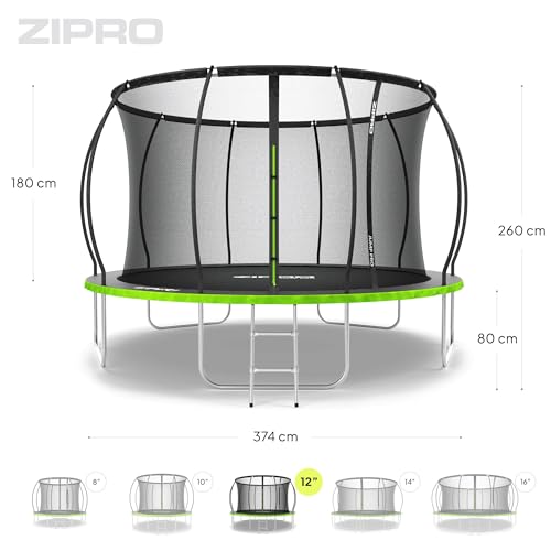 ZIPRO 12'' Jump Pro Premium Trampolin Outdoor, Ø 374cm, rundes Gartentrampolin mit Sicherheitsnetz, Bodentrampolin bis 150kg, Gartenspielzeug Kinder draußen, UV-beständig, mit Reißverschluss 10