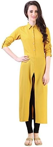 Yellow Crepe Boat Neck Long Straight Partywear Kurtis and Kurtas for Womens &amp; Girls(GT-KPC-Y-S)