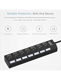 7-Port USB Hub USB 2.0 Hub Data Transfer with Individual Switches Indicator Lights for PC Laptop (Black)