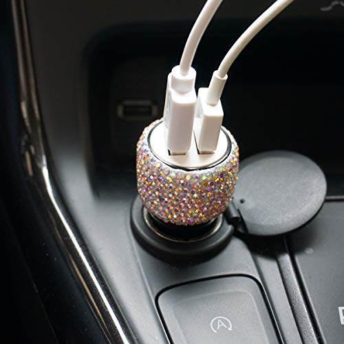 Royalfox 3D Bling Diamond Rhinestone Handmade Dual USB Car Charger Designed for Apple and Android Devices,car Charger Bling, Car Bling Accessories for Women Girl (Colorful) - Thumbnail 2