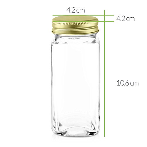 Nellam French Square Glass Spice Jars – Set of 24 with Shaker Lids and Chalkboard Sticker Labels, Small 4oz Bottles - Stackable Herbs and Spices Containers - Decorative Organizers in Gold
