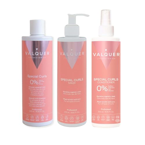 Valquer Spezial-Lockenpflege-Set: Shampoo 400 ml, Haarmaske 275 ml und Conditioner 300 ml. Pflege, Spendet Feuchtigkeit und macht für lockiges Haar nach der Curly-Methode für definierte Locken.