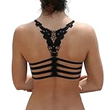 Blue 55 Women's Junior Padded Cut-Out Strappy Cotton Lace Crochet RacerBack Bralette (Black Wings)