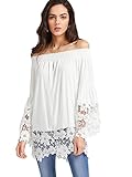 ROMWE Women's Off Shoulder Floral Lace Long Sleeve T-shirt Blouse Top #White XL