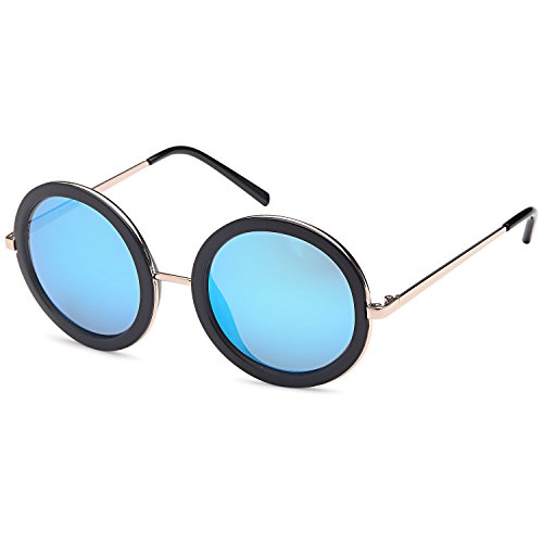 SUN LOUNGER UV400 Vintage Retro Round Style Sunglasses for Women Mirror Lens and Metal Frame with Spring Hinge – Mirror Blue Lens on Gold & Black Frame