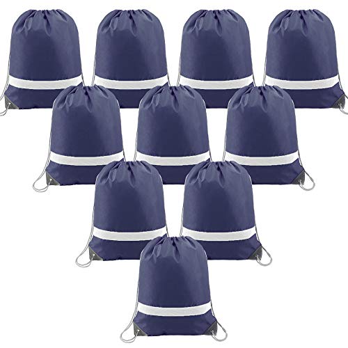 Navy-Drawstring-Bags-Backpack Reflective in Bulk 10 Pack, Cheap Sports Gym Sack Pack Cinch Bag with Strings