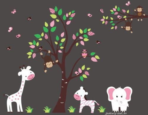 Baby Girls Nursery Decals - Pink Animal Wall Stickers - Girls Room Wall Decor - Animal Wall Decals - Girls Room Decorations - Animal Wall Prints