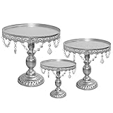 Lucky Monet 3Pcs Crystals Cake Stand Cupcake Tower Stand Wedding Plates Set Metal Round Party Dessert Display Décor with Crystals Beads (3pcs, Silver)