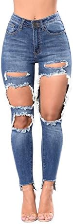 Gemgeny Hole High Waist Jeans Sexy Jeans Skinny Jeans Pencil Jeans (XXL, Blue)