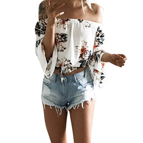 WILLTOO Clearance! Womens Off Shoulder Cute Loose Blouse Long Sleeve Printed Crop Tops (White, M)
