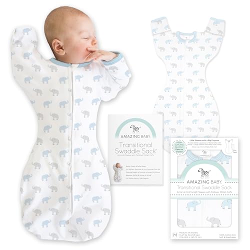 Amazing Baby Transitional Swaddle Sack, Cotton, Tiny Elephants Blue, 3-6mo