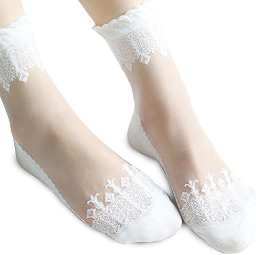 KJAHSLK Women's Ultra Thin Transparent Elastic Breathable Lace Short Socks 5 Packs(White)