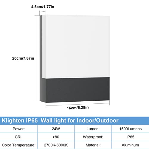 Klighten 2 Pieces 24W LED Wall Lamp Outdoor/Indoor, IP65 Anthracite Wall Light, Modern Aluminium Wall Light for Gardens, Hallways, Terraces, 1500 Lumen, Warm White 2700K-3000K