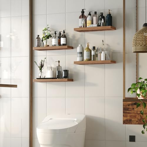 HOOBRO Floating Shelves for Wall, Wooden Floating Shelves Set of 2, Wall Mounted Shelf for Living Room, Bathroom, Bedroom, Floating Shelf with Invisible Bracket, Rustic Brown EBF60BJ01