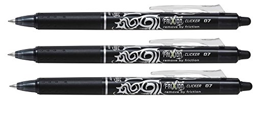 Pilot Frixion Clicker 0.7mm Tip Erasable Ink Gel Pen Tattoo Design Black Ink (Pack of 3) Supplied Loose