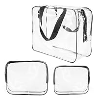 3Pcs Crystal Clear Cosmetic Bag TSA Air Travel Toiletry Bag Set with Zipper Vinyl PVC Make-up Pouch Handle Straps for Women Men, Roybens Waterproof Packing Organizer Storage Diaper Pencil Bags Black