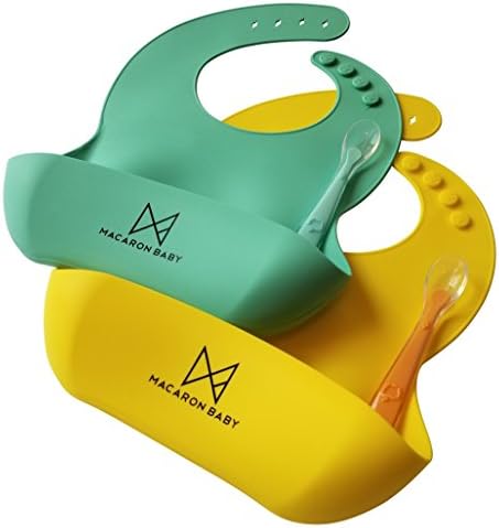 MACARON BABY waterproof silicone bibs, easy to clean, comfortable soft bibs keeps stains off, with food catcher pocket + BONUS Silicon Spoon X2 (FDA &amp; LFGB approved, BPA FREE) (Citronella Lemon)