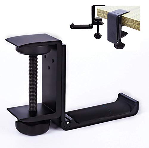 MeetRade Headphone Hanger Foldable Clamp On Under Desk Headsets Holder Headset Stand Mount Hook Fit For Large DJ Headphones Headband Bag Backpack width up to 2.5” 40lb With Rubber Pad(Fold Black)