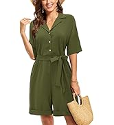 ULTRANICE Womens Short Sleeve Lapel Button Jumpsuits With Waistband Pocket Shorts Romper Casual S...