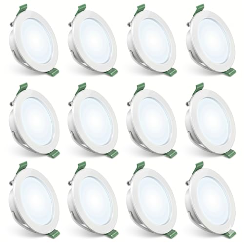 Recessed LED Spotlights Set of 12, 4W 339LM Cool White 6000K, Ultra Flat Ceiling Spotlights 230 V Without Transformer, Plastic LED Spotlight, Depth 28 mm, Not Dimmable for Bathroom