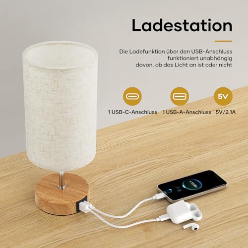 Suright Bedside Lamp Touch Dimmable Set of 2, Table Lamp with Charging Function USB A+C Connections, Linen Lampshade, Wooden Base, Small Lamp for Bedroom, Living Room (LED Bulb Included)