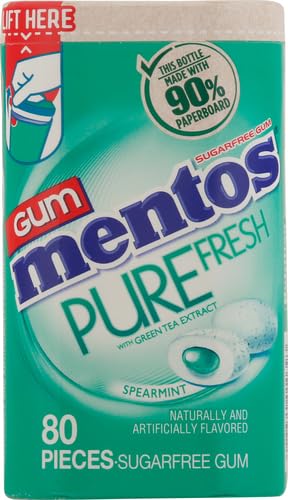 MENTOS PURE FRESH SPEARMINT SUGAR FREE CHEWING GUM WITH XYLITOL SWEETENER, PAPERBOARD BOTTLE, 80 PIECES