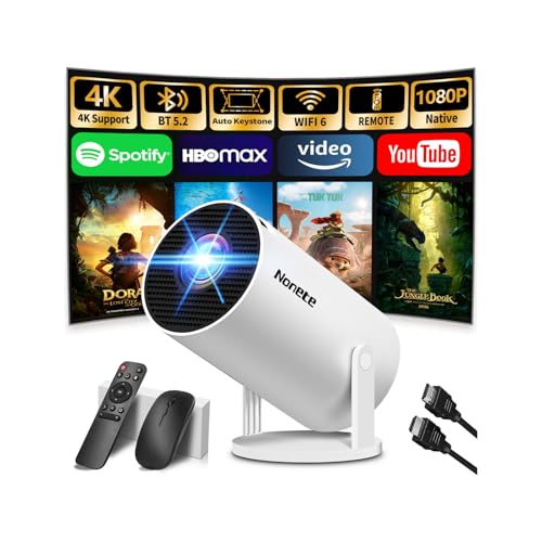 Mini Projector 4K Supports 1080P Full HD Mini Projector with WiFi 6 with BT 5.2, Small Built-in Apps with Automatic Keystone & 270° Rotation, Compatible with HDMI/TV Stick/Laptop, White