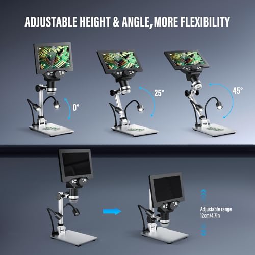 Digital Microscope, Couleeur Height Swivel 1200X 1080P and LCD Microscope, Microscope with 7 Inch Display with 2 Adjustable Side Lights and 8 LED Balls for Electronic Repairs