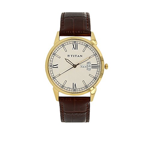 Titan Men's Contemporary Chronograph/Multi Function,Work Wear,Gold/Silver Metal/Leather Strap, Mineral Crystal, Quartz, Analog, Water Resistant Wrist Watch
