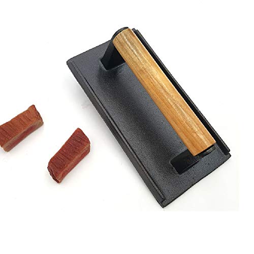 Ejoyway Cast Iron Bacon Press With Wooden Handle, Heavy-Weight Barbecue Hamburger Steak Weights, Grill Sausage & Meat Press,Professional Kitchen Tool (Rhomb