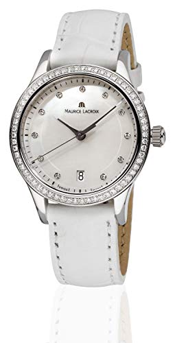 Maurice-Lacroix-Les-Classiques-Date-Damen-Armbanduhr-mit-weiem-Lederband-Analog-Quarz-mit-73-Diamanten-besetzt-LC1026-SD501-170-1