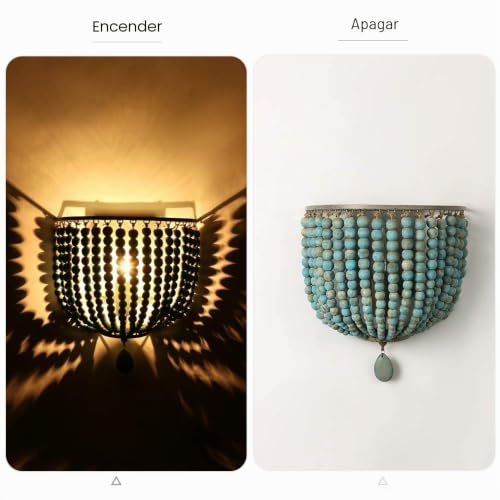 Newrays Wooden Beads Wall Lamp Sconces with Grey Blue Finish Boho Vintage Retro Hardwired for Bedroom Accessories | Antique Retro Hardwired for Bedroom Accessories